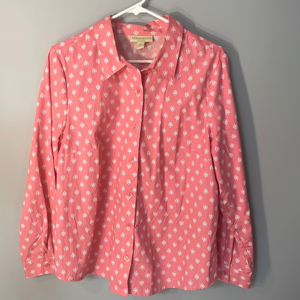 Appleseeds Womens Large Petite LP Salmon and White Pattern Button Down Shirt